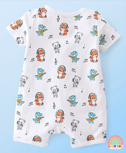 100% Cotton Interlock Knit Half Sleeves Romper Stripes & Animal Print Pack Of 2 - Multicolor