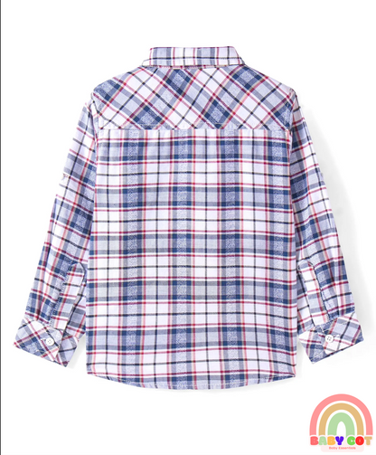 Cotton Woven Full Sleeves Checkered Shirt with Text Print T-Shirt - Blue White & Red