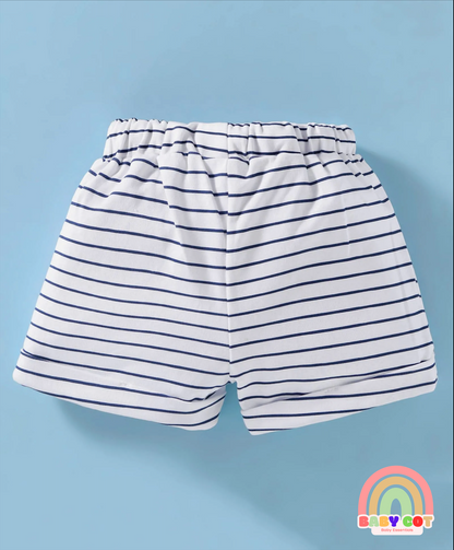 Interlock Knit Half Sleeves Striped T-Shirt & Shorts Set With Animal Print - White