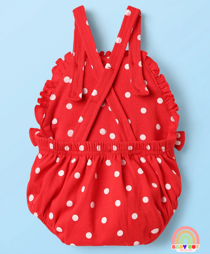 100% Cotton Knit Half Sleeves T-Shirt & Onesies with Hairband With Polka Dots - Red