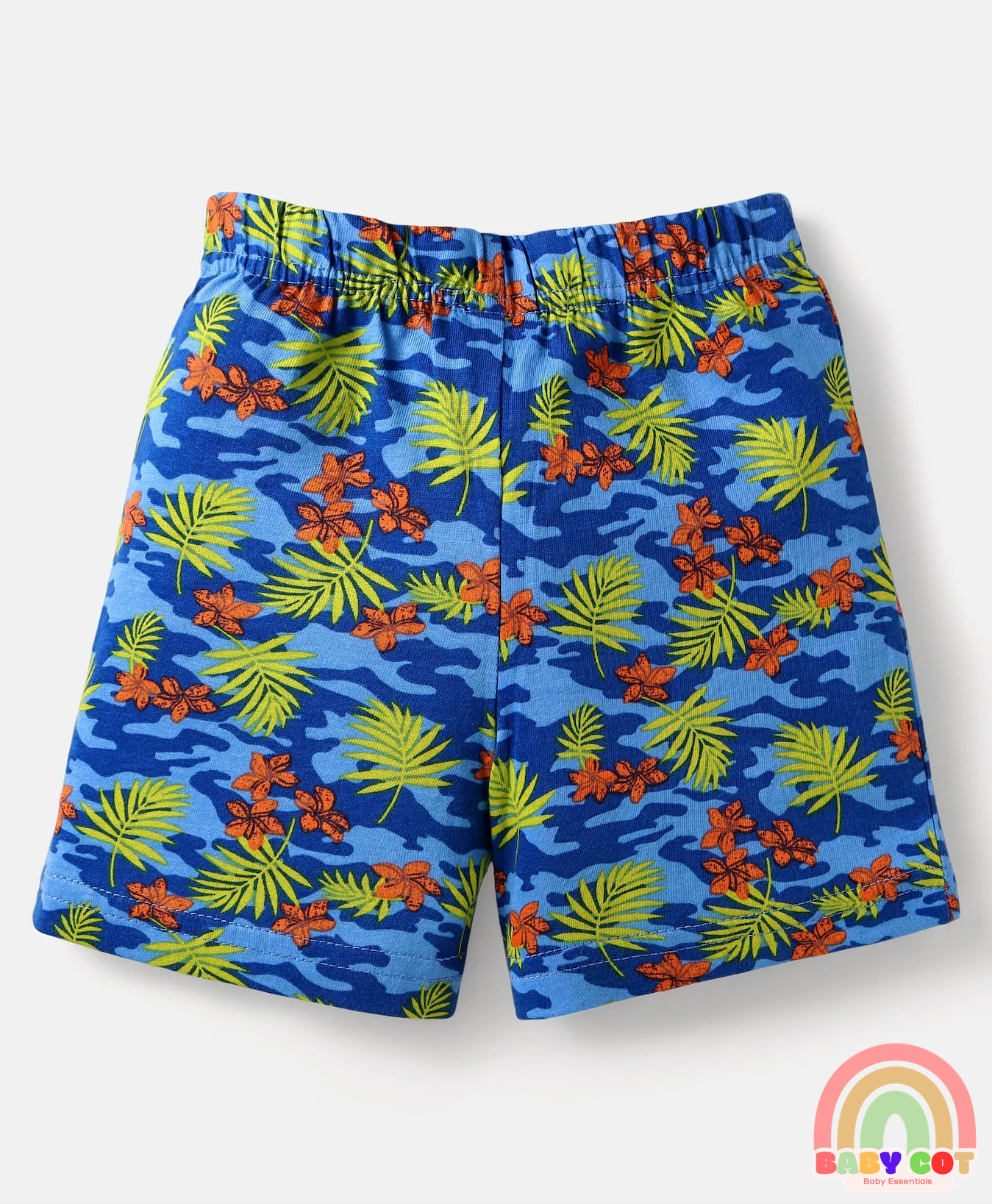 Cotton Knit Mid Thigh Length Shorts with Tropical Theme Print & Stripes Pack of 3 - Red Blue & Light Green