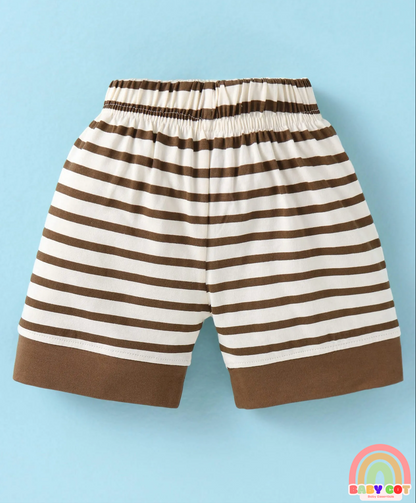 Sinker Knit Half Raglan Sleeves T-Shirt & Shorts Set with Stripes - Brown & White