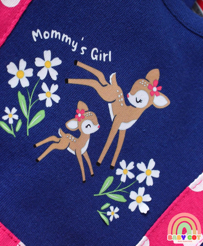 Interlock Knit Full Sleeves Onesie With Deer & Polka Dot Print & Headband - Navy Blue & Dark Pink