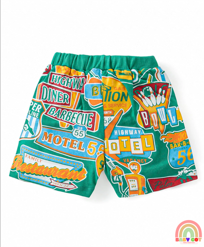 Cotton Knit Shorts with Car & Text Print Pack of 3 - Blue Green & Yellow