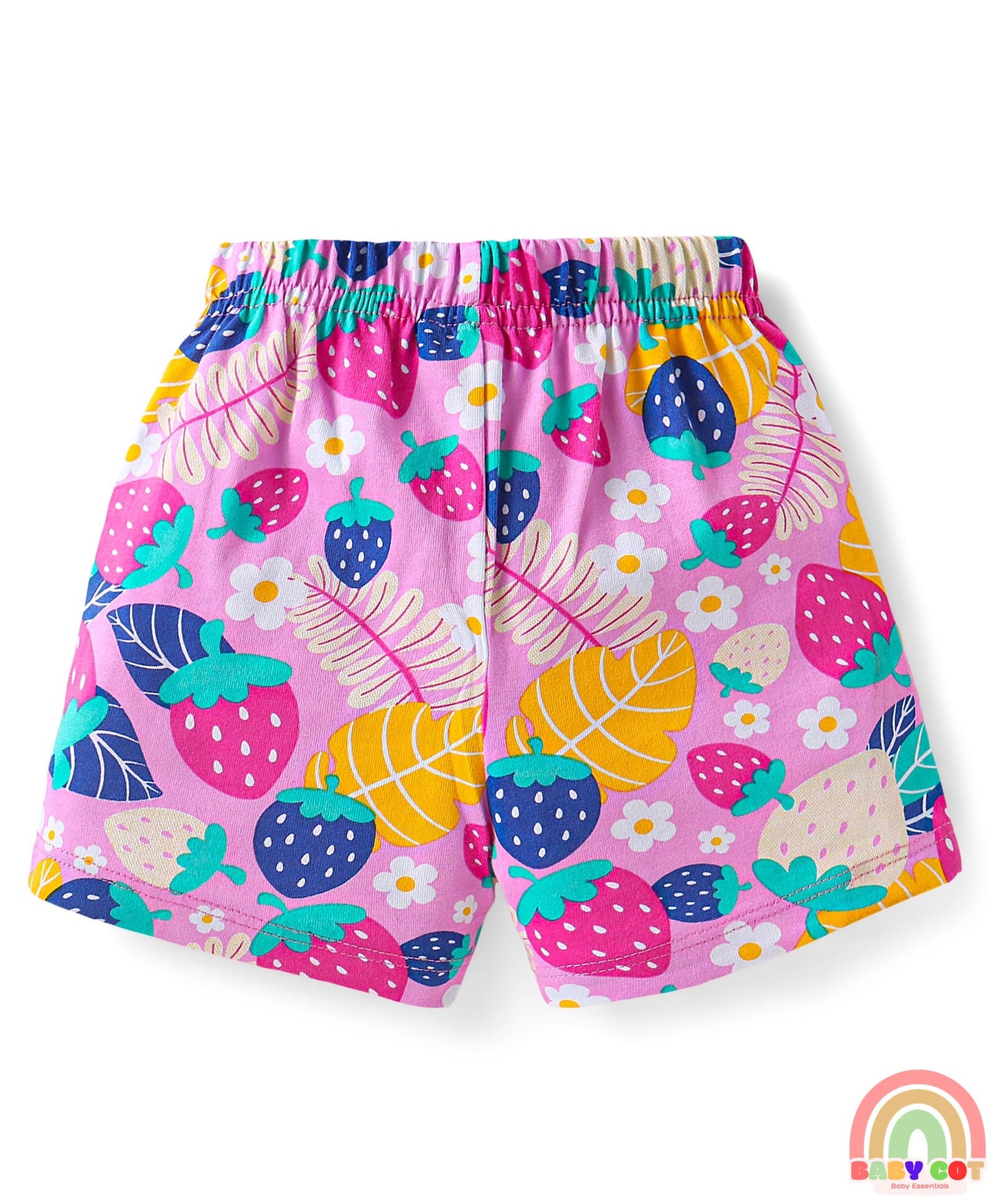 Cotton Knit Mid Thigh Strawberry & Floral Printed Shorts with Bow Applique Pack of 3 - Pink & Yellow