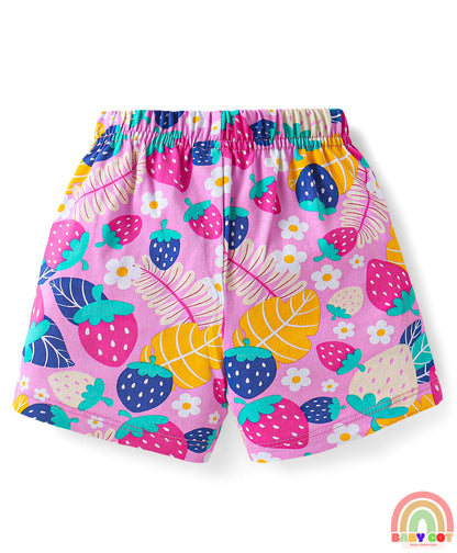 Cotton Knit Mid Thigh Strawberry & Floral Printed Shorts with Bow Applique Pack of 3 - Pink & Yellow