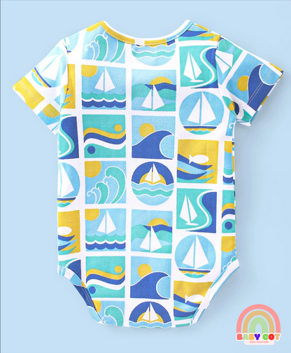 100% Cotton Half Sleeves Onesies With Text Print Pack of 3 - Green Yellow & Blue