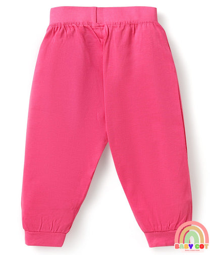 100% Cotton Knit Half Sleeves Floral Printed T-Shirt & Lounge Pant Set with Bow Applique - Pink & Navy Blue