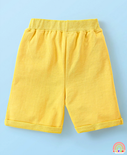 Cotton Knit Half Sleeves Leopard Printed T-Shirt & Shorts Set - White & Yellow