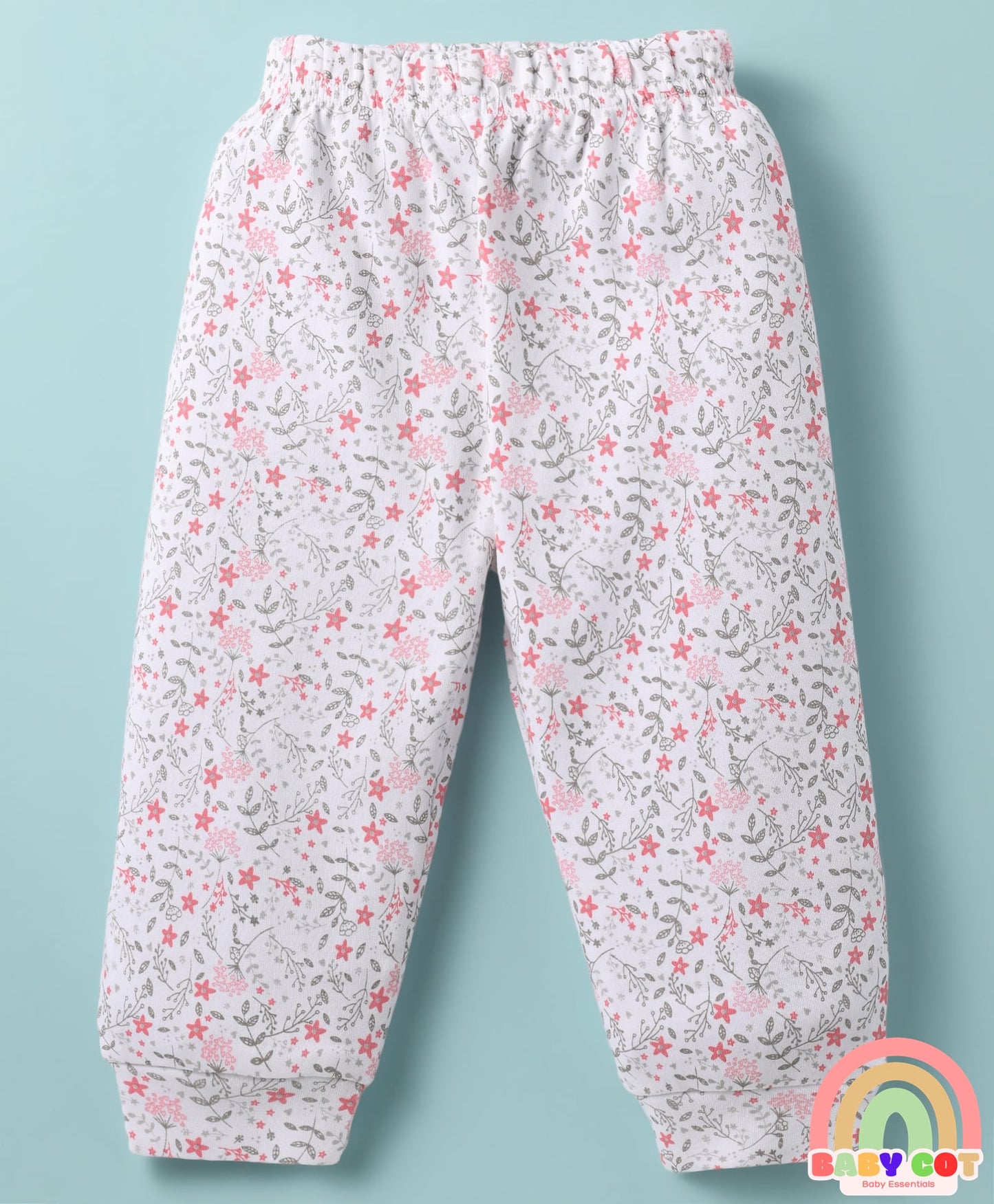 100% Cotton Knit Full Sleeves T-Shirt & Lounge Pant Set with Floral Print & Embroidery - White