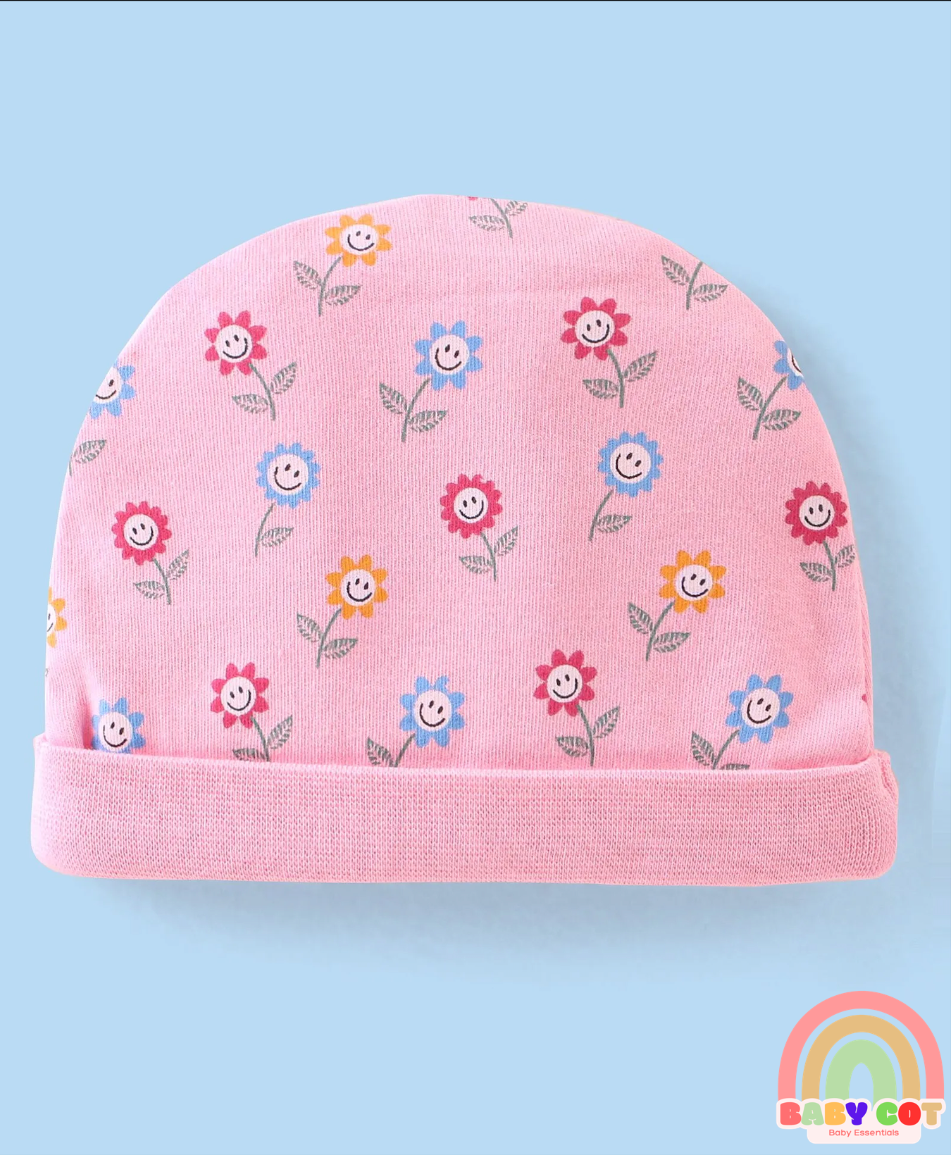 100% Cotton Knit Cap Mittens & Booties Set with Floral Print - Pink