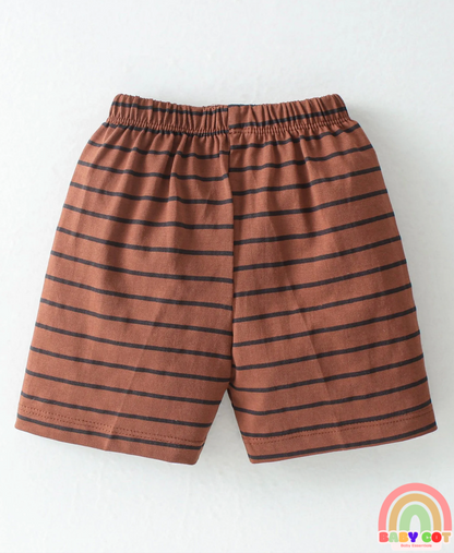 100% Cotton Half Sleeves T-Shirt and Striped Shorts Set Teddy Print - Navy Blue