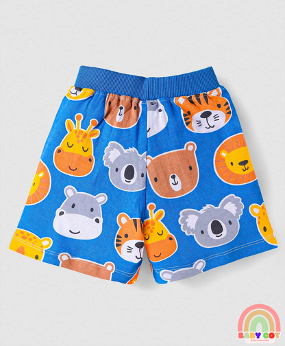 Cotton Knit Mid Thigh Length Shorts with Animal Print & Stripes Pack of 3 - Orange Blue & Yellow