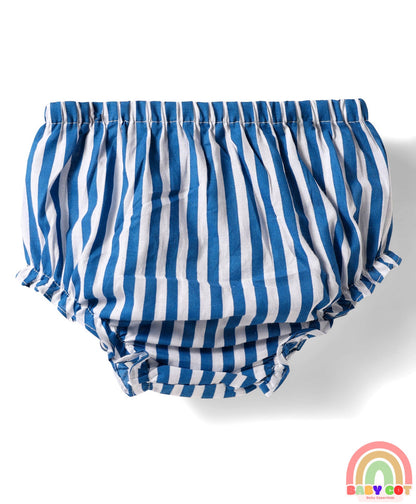 Single Jersey Knit Collar Neck Sleeveless Striped Frock With Bloomers & Belt - Blue
