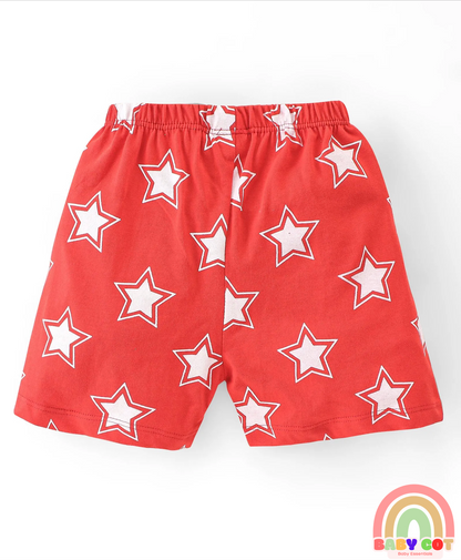 Cotton Knit Single Jersey Shorts With Stars & Teddy Bear Print Pack Of 3 - Yellow Blue & Red