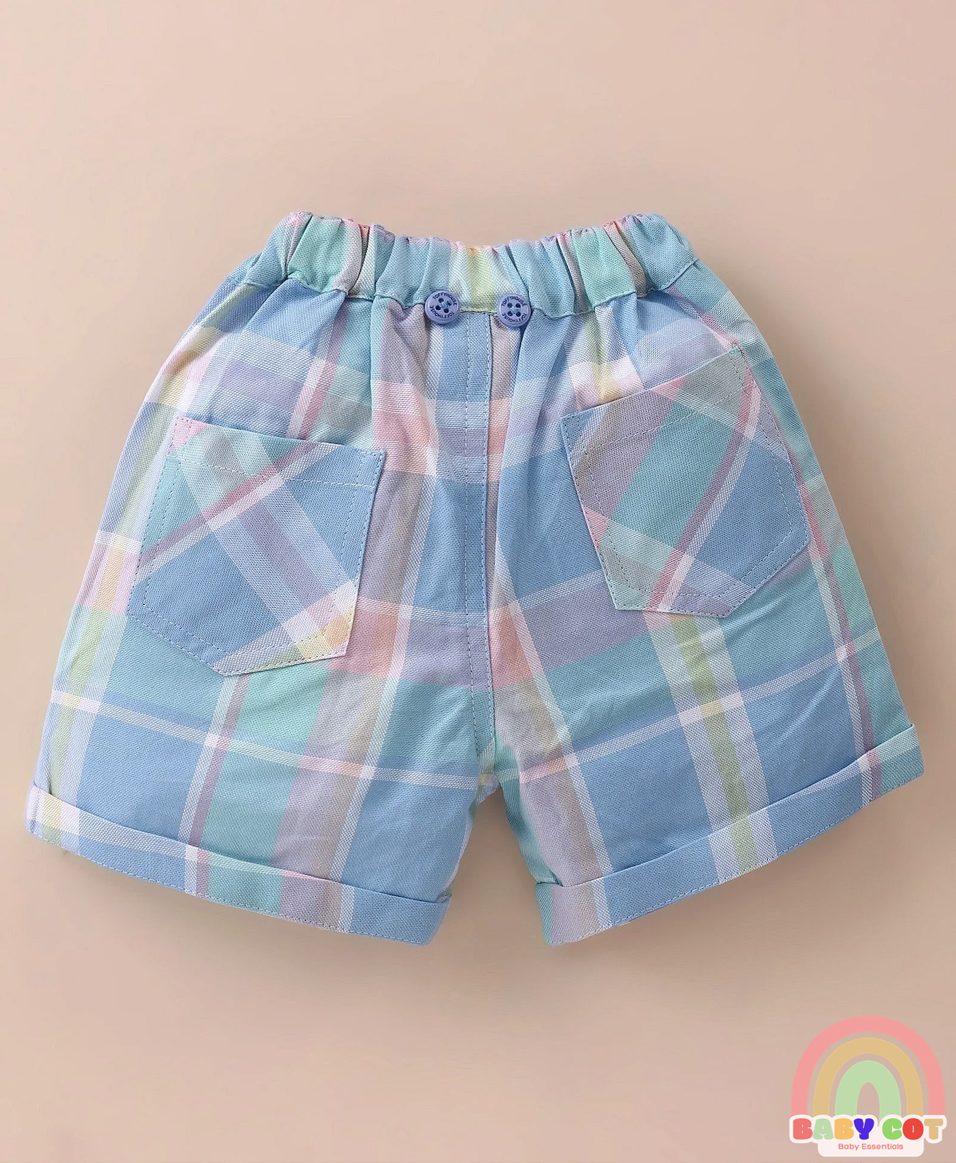 100% Cotton Knit Half Sleeves Printed Polo T-Shirt & Woven Cotton Checkered Shorts With Bow & Suspender - White & Blue