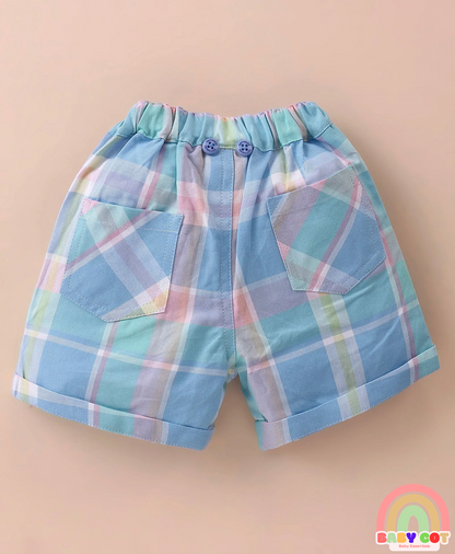 100% Cotton Knit Half Sleeves Printed Polo T-Shirt & Woven Cotton Checkered Shorts With Bow & Suspender - White & Blue