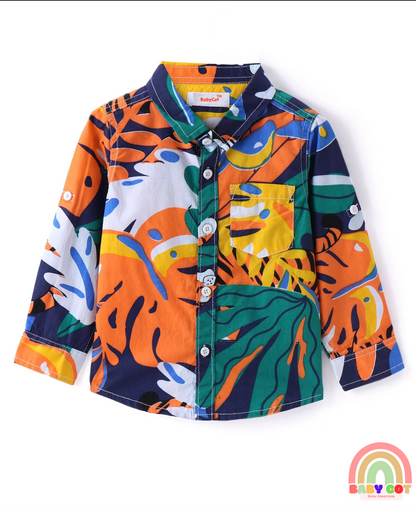otton Woven Full Sleeves Jungle Theme Printed Shirt with Inner T-Shirt - Multicolor