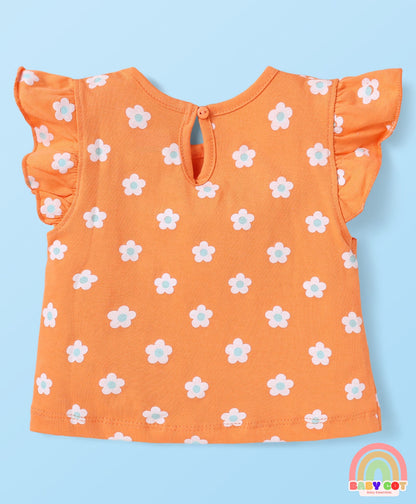 Cotton Knit Frill Sleeves T-Shirts With Floral & Heart Print Pack Of 3 - Orange & Dark Pink