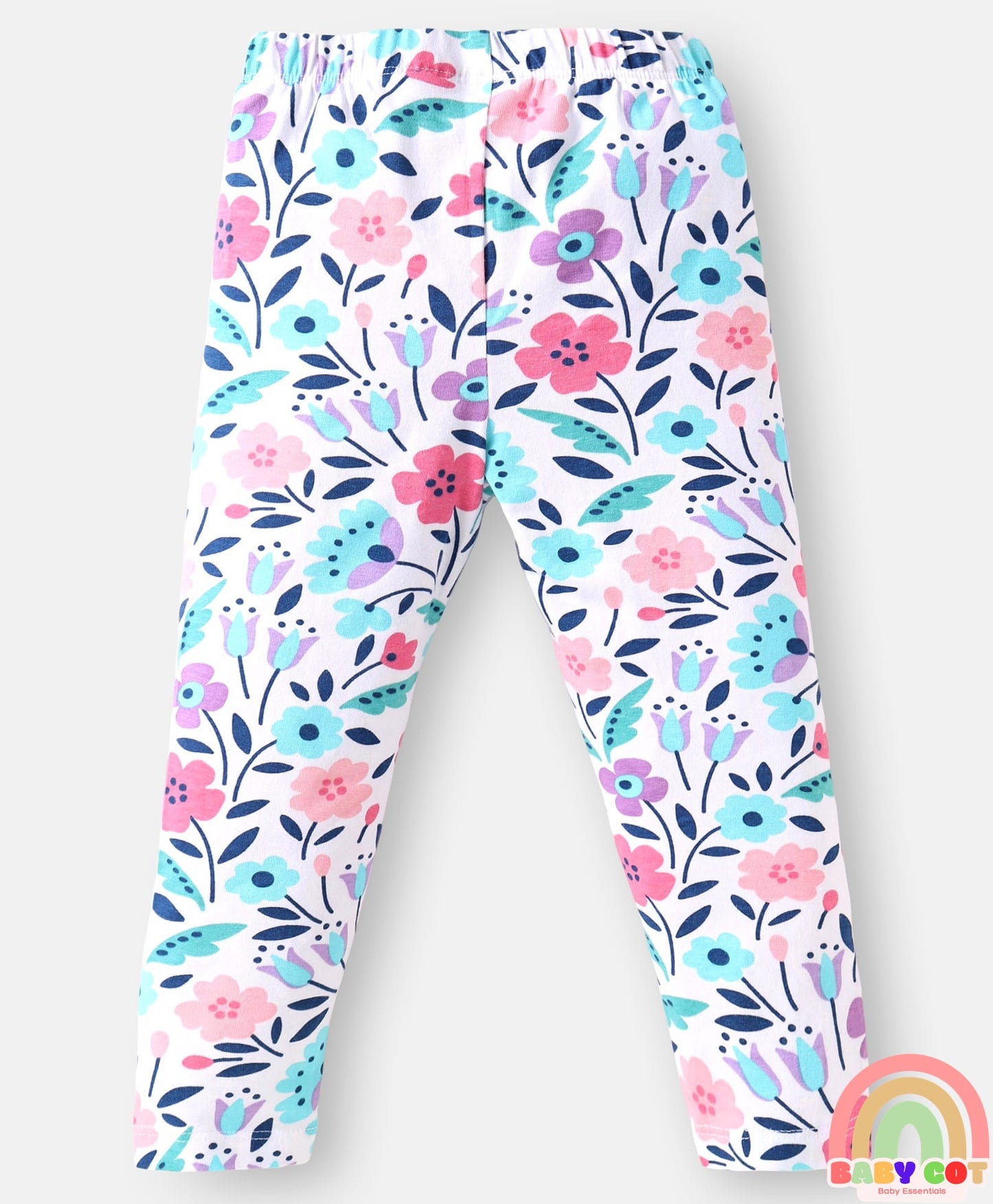 Single Jersey Knit Full Peasant Sleeves Top & Leggings with Floral Print - Navy Blue & White