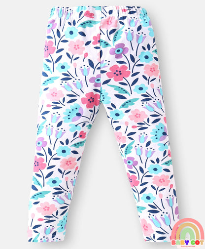 Single Jersey Knit Full Peasant Sleeves Top & Leggings with Floral Print - Navy Blue & White