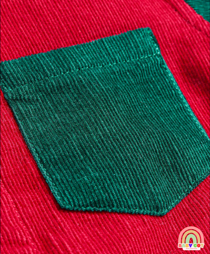 Full Sleeves Color Blocked Corduroy Shirt - Red Navy & Green