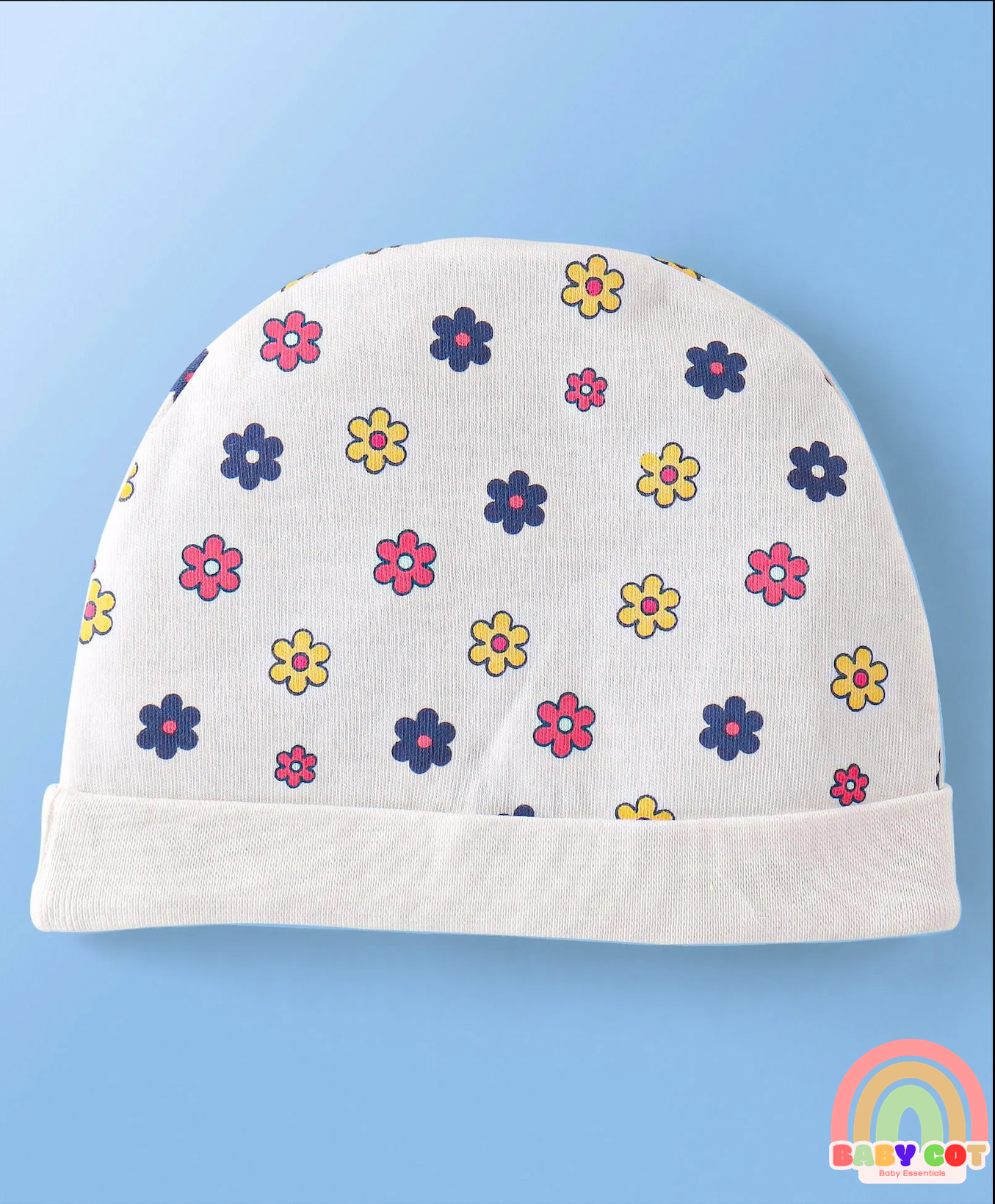 100% Cotton Knit Cap Mittens & Booties Set Floral Print Pack of 2 Pink & White - Diameter 12 cm