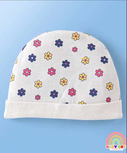 100% Cotton Knit Cap Mittens & Booties Set Floral Print Pack of 2 Pink & White - Diameter 12 cm