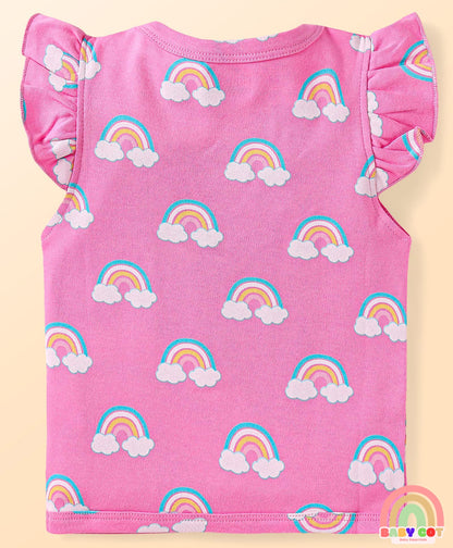 Cotton Knit Frill Sleeves T-Shirts With Polka Dot & Tropical Print Pack 3 - Pink & Light Blue