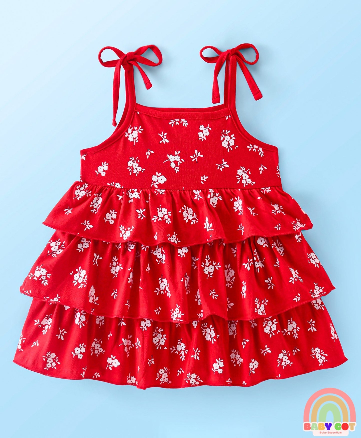 Single Jersey Knit Frill Sleeves T-Shirt With Layered Frock Floral Print - White & Red