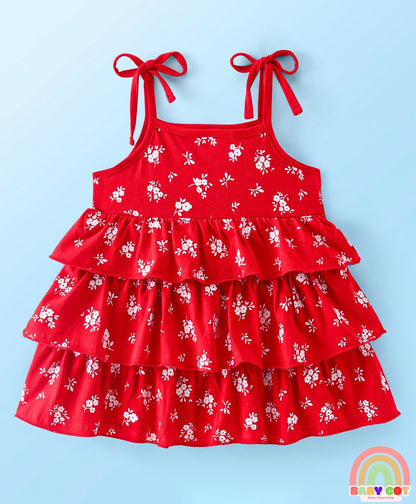 Single Jersey Knit Frill Sleeves T-Shirt With Layered Frock Floral Print - White & Red
