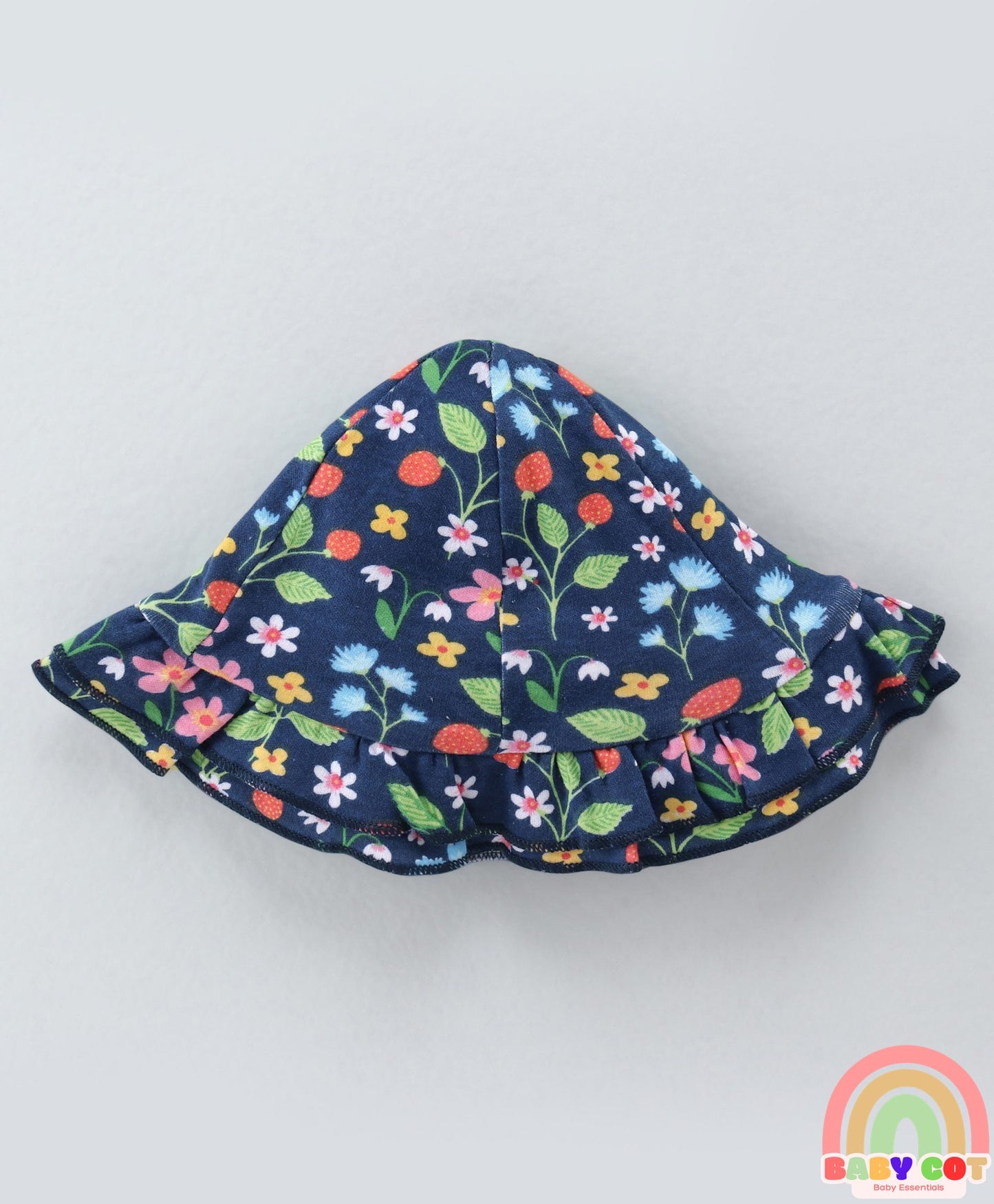 100% Cotton Interlock Knit Sleeveless Onesies With Cap & Floral Print - Navy Blue