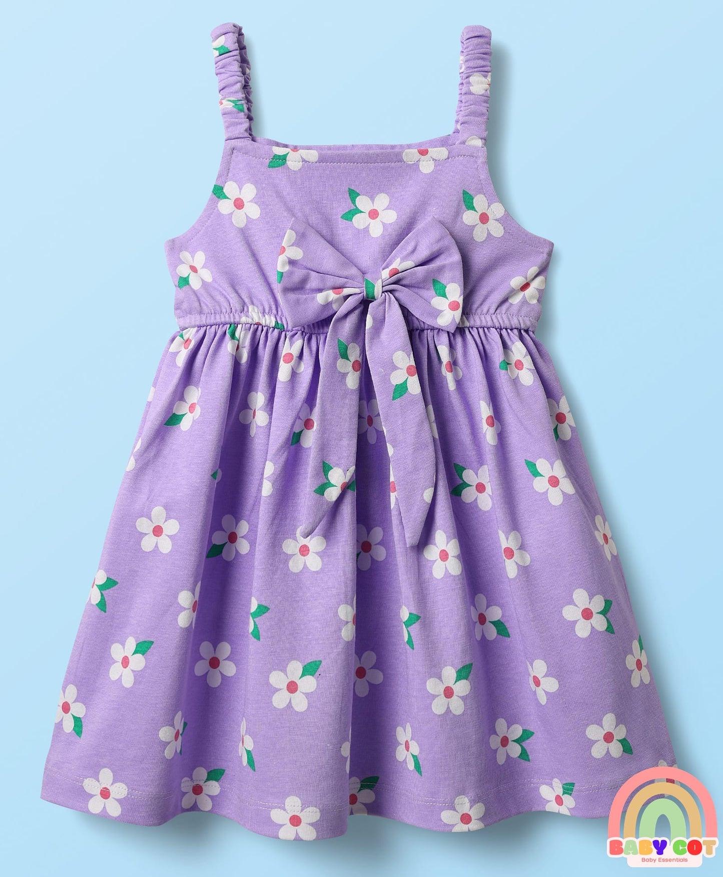 Cotton Knit Half Sleeves T-Shirt & Frock With Floral Print & Bow Applique - Purple