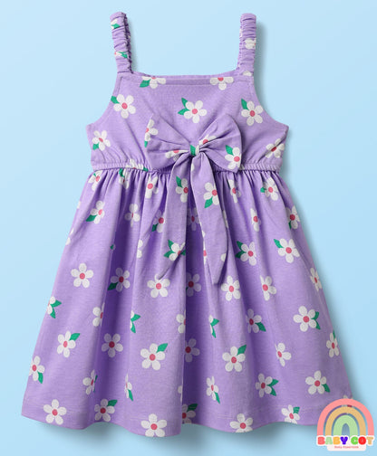 Cotton Knit Half Sleeves T-Shirt & Frock With Floral Print & Bow Applique - Purple