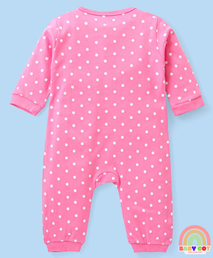100% Cotton Knit Full Sleeves Rompers with Polka Dots & Bear Print Pack of 2 - Pink & White