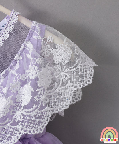 Sleeveless Mesh Frock with Floral Corsage - Purple