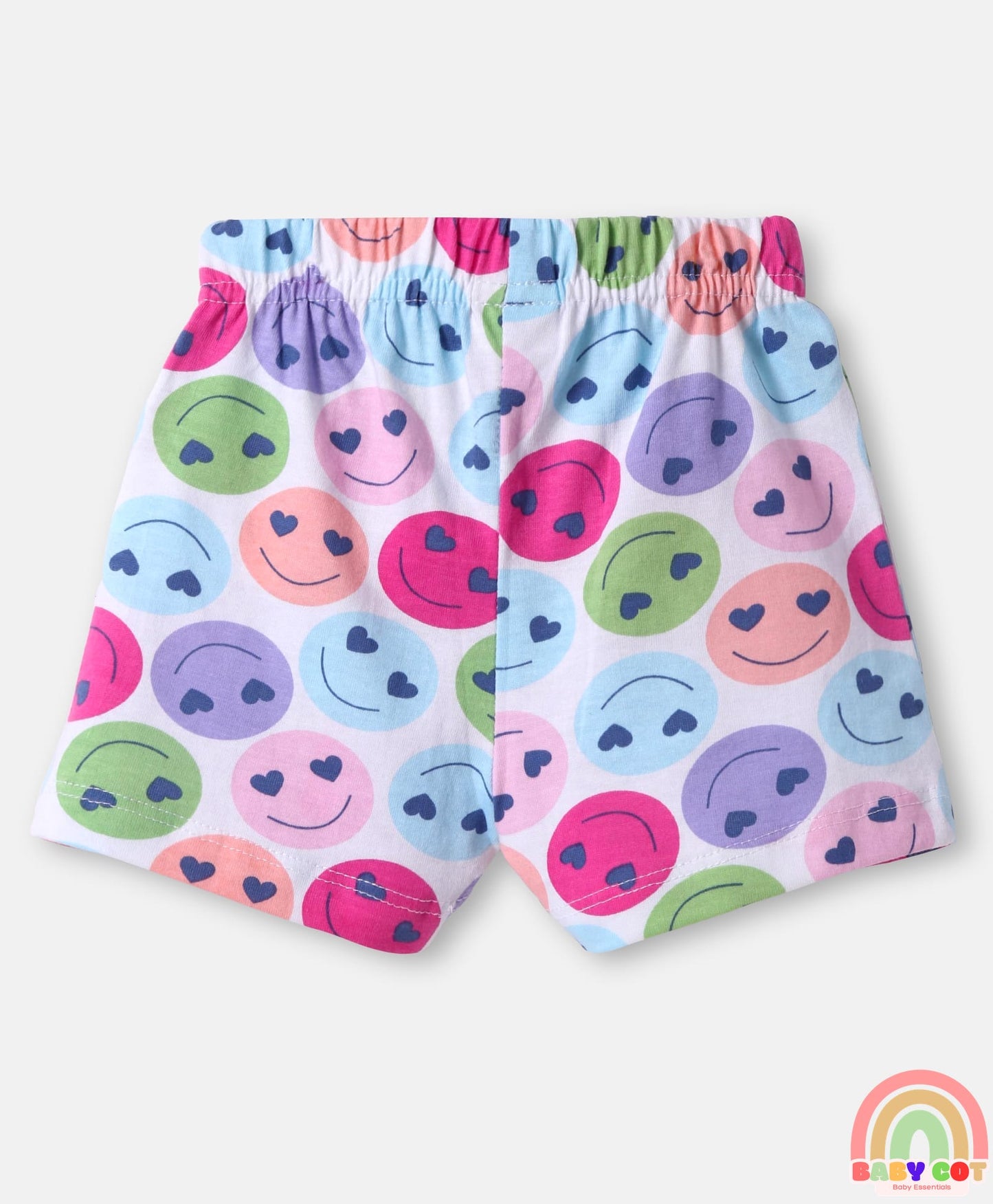 Cotton Knit Mid Thigh Length Shorts with Floral & Smiley Print & Bow Applique Pack of 3 - White Green & Lavender