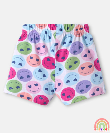 Cotton Knit Mid Thigh Length Shorts with Floral & Smiley Print & Bow Applique Pack of 3 - White Green & Lavender