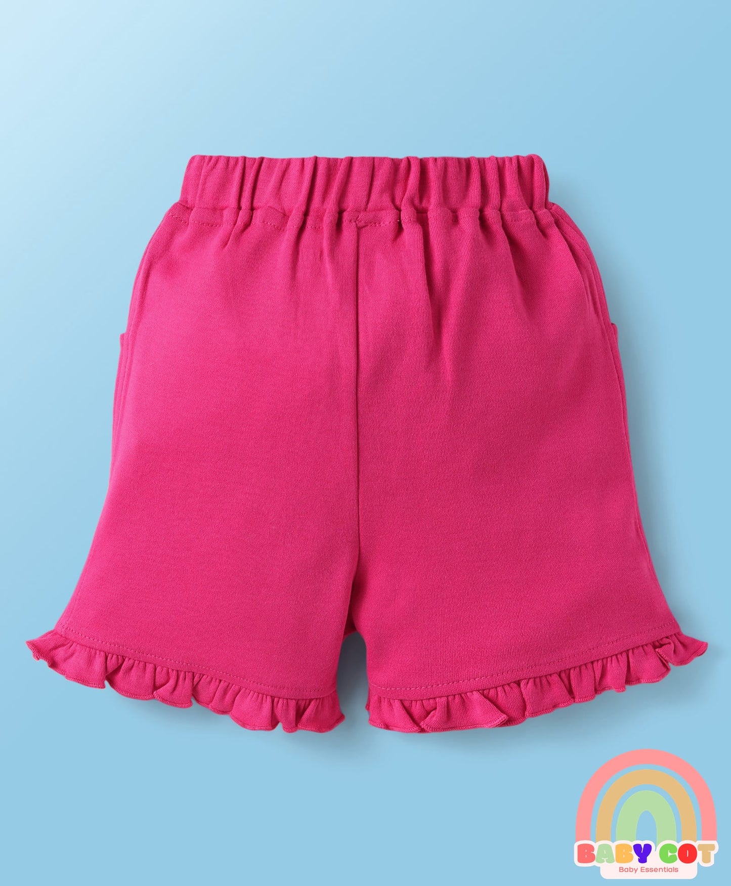 Interlock Knit Half Frill Sleeves T-Shirt & Shorts Set with Bunny Print & Bow Applique - Pink & White
