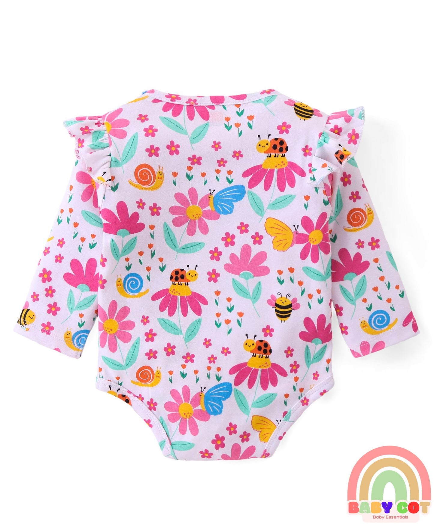 100% Cotton Knit Full Sleeves Onesies with Polka Dots Floral Print & Frill Detailing Pack of 3 - Yellow Pink & White