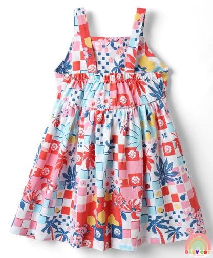 Cotton Knit Full Sleeves Shrug & Frock with Floral Print & Bow Applique - Blue & Pink