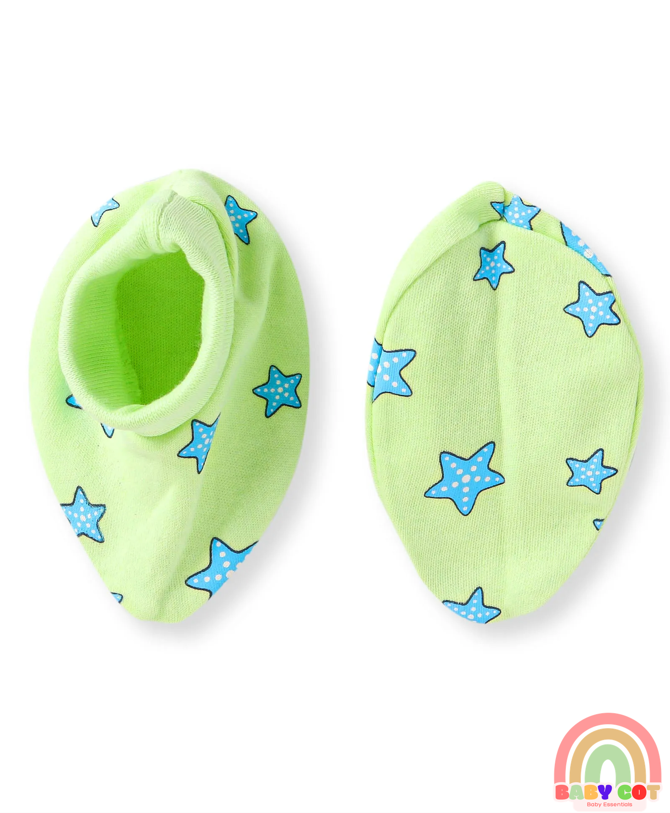 100% Cotton Knit Cap Mittens & Booties With Star Print - Light Green