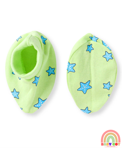 100% Cotton Knit Cap Mittens & Booties With Star Print - Light Green
