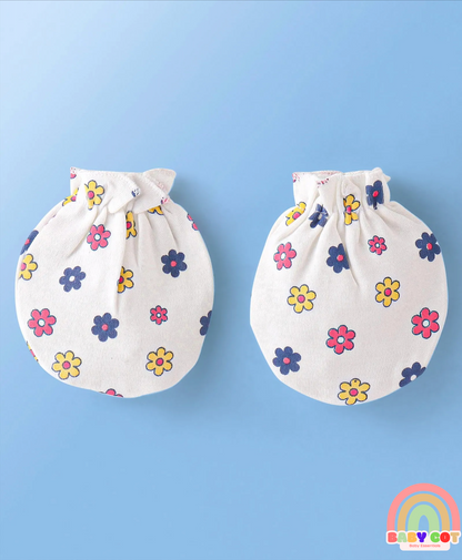 100% Cotton Knit Cap Mittens & Booties Set Floral Print Pack of 2 Pink & White - Diameter 12 cm