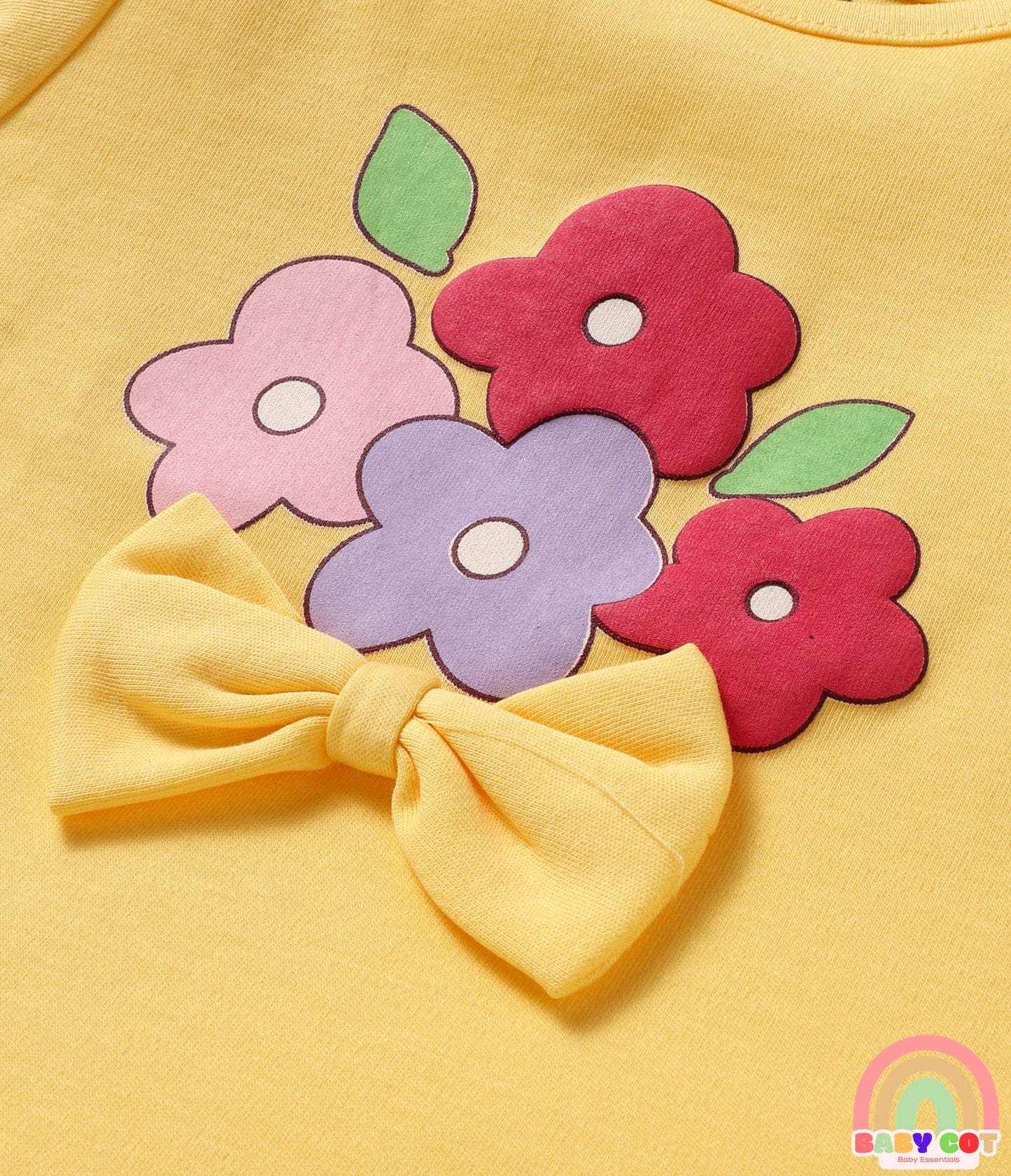 100% Cotton Knit With Eco Jiva Finish Half Puffed Sleeves T-Shirts with Floral Print & Bow Applique Pack of 2 - Yellow & Pink