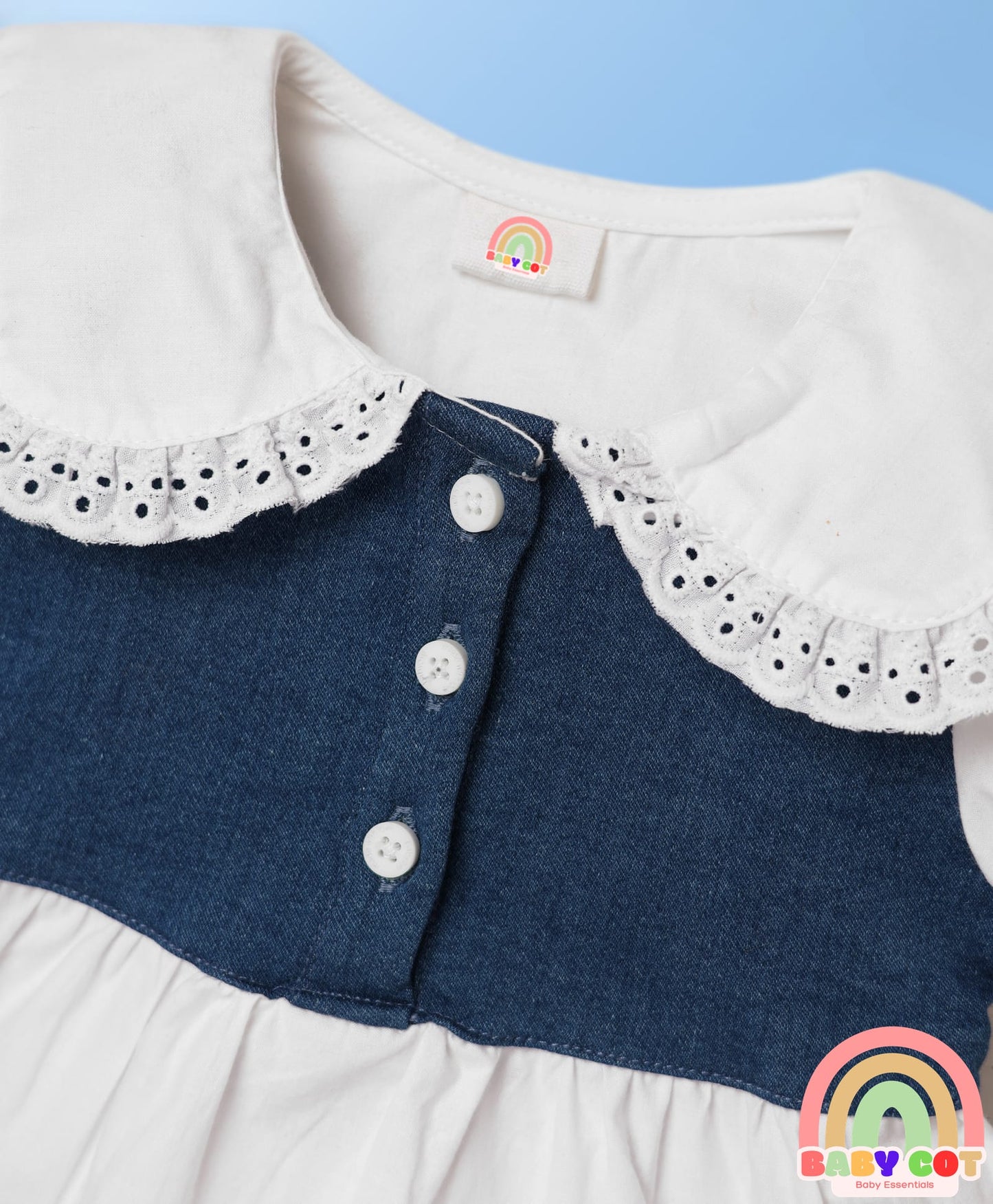 Cotton Elastane Knit Half Sleeves Top & Shorts Set With Schiffli Detailing & Bow Applique - White & Navy Blue