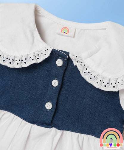 Cotton Elastane Knit Half Sleeves Top & Shorts Set With Schiffli Detailing & Bow Applique - White & Navy Blue