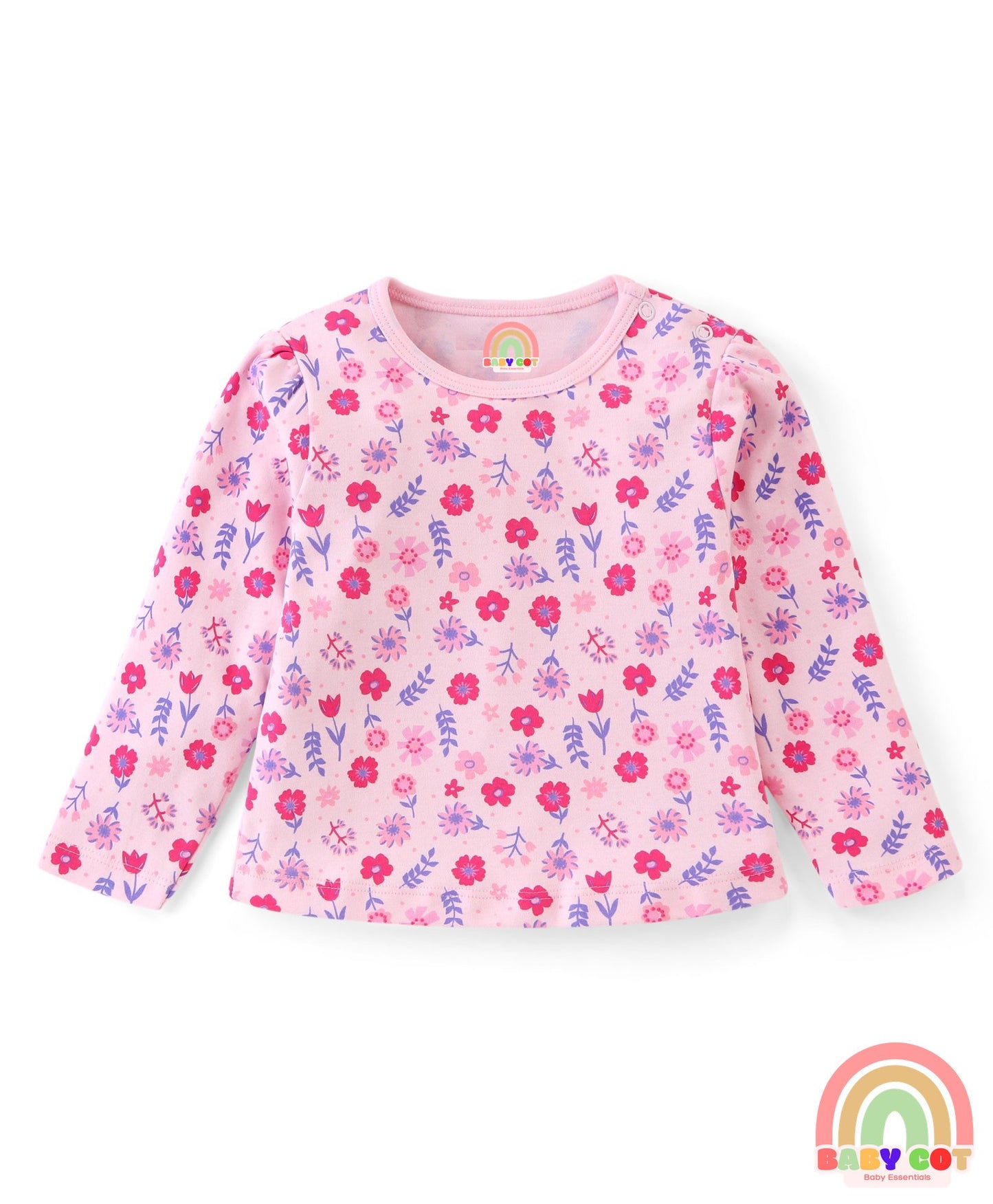 Cotton Knit With Eco- Jiva Finish Full Sleeves T-Shirts with Floral Striped & Polka Dots Print Pack of 3 - Lilac & Pink