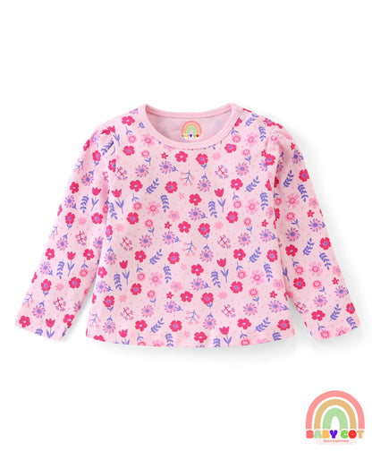 Cotton Knit With Eco- Jiva Finish Full Sleeves T-Shirts with Floral Striped & Polka Dots Print Pack of 3 - Lilac & Pink