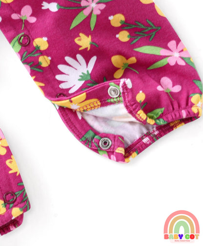 100 % Cotton Full Sleeves Romper with Bow Applique & Headband Floral Print - Red